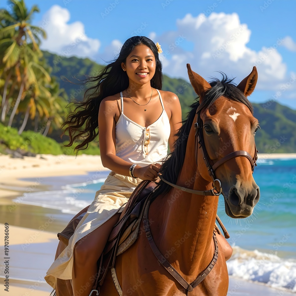 Fototapeta premium A woman rides a horse on a beach with palm trees
