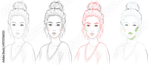 Minimalist face chart vector set for makeup artists, hand drawn woman portrait sketches, beauty face templates with color correction zones