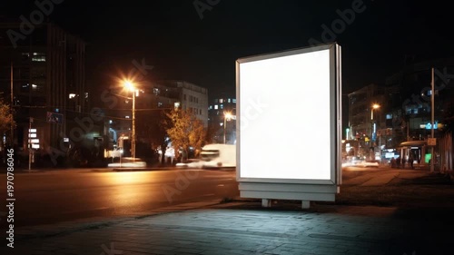 A clean, blank advertising space is showcased at night in a vibrant city environment. Blurry lights from traffic and distant buildings illuminate the urban landscape.