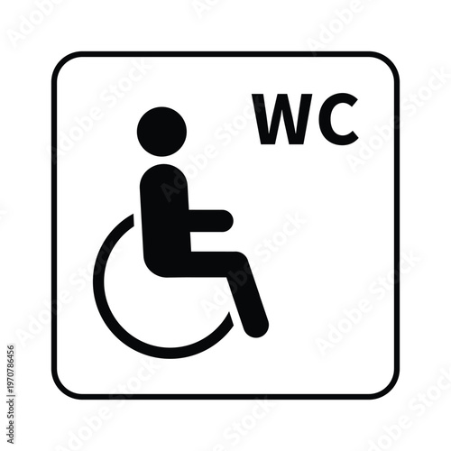 Black and white restroom sign with International Symbol of Access showing wheelchair icon and bold WC letters. Indicates toilet facilities accessible for disabled persons and individuals with mobility