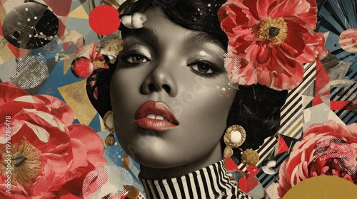 Woman face portrait floral design contemporary mixed media collage art