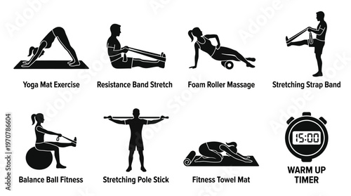 Fitness Icons Vector – Yoga Mat, Resistance Band, Foam Roller, Stretch Strap, Balance Ball, Pole Stick, Towel Mat, Warm Up Timer Graphic
