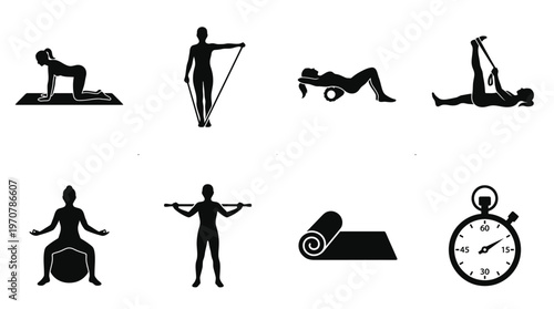 Fitness Icons Vector – Yoga Mat, Resistance Band, Foam Roller, Stretch Strap, Balance Ball, Pole Stick, Towel Mat, Warm Up Timer Graphic
