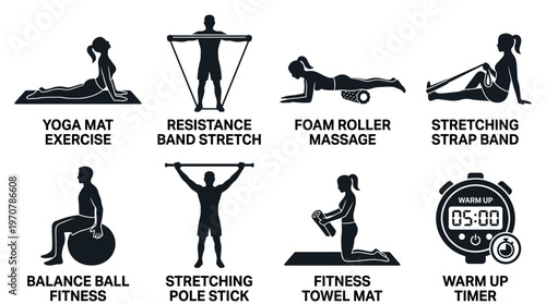 Fitness Icons Vector – Yoga Mat, Resistance Band, Foam Roller, Stretch Strap, Balance Ball, Pole Stick, Towel Mat, Warm Up Timer Graphic
