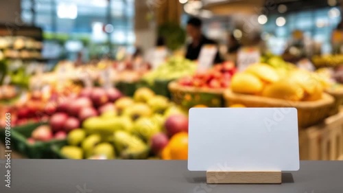 A blank white card rests on a dark wooden counter. Behind it, a vibrant, out-of-focus display of fresh oranges, grapes, bananas, and other produce fills a grocery store or market setting.