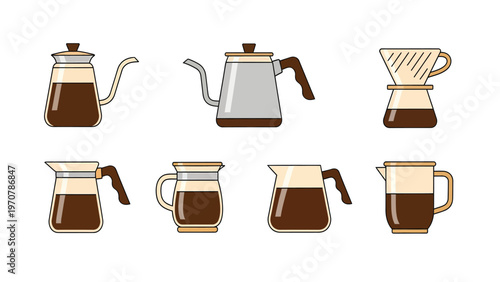 Coffee brewing and serving equipment set in flat design. Illustrations of pour-over kettles, drippers, and carafes for hot drinks.