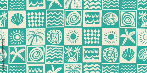 Seamless pattern of stylized tropical motifs in teal and cream