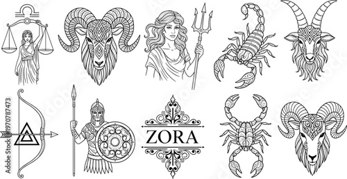 Vector, line, art, collection, of, zodiac, signs, and, mythological, symbols, featuring, horoscope, icons, gods, animals, and, decorative, ornaments, on, white,