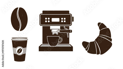 Coffee and Breakfast Icons: Espresso Machine, Coffee Bean, Takeaway Cup, Croissant