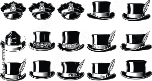 Vector Set of Vintage Top Hats and Police Caps, Retro Gentleman Headwear with Feathers and Officer Uniform Hats, Isolated Icons