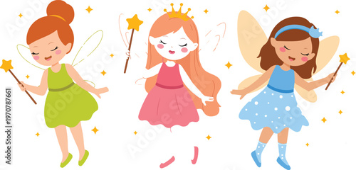 Cute cartoon fairy illustration set with three whimsical fairies holding star wands