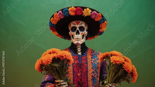 Mexican Day of the Dead Catrin skeleton wearing traditional embroidered costume and flower-adorned sombrero hat, holding bouquet of orange marigolds against green background.