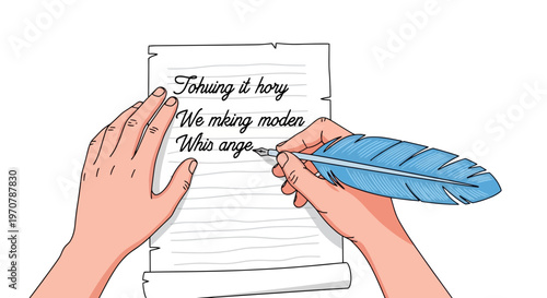 Top view of human hands writing on parchment paper with a classic quill pen for historical literature documentation and old school creative craft