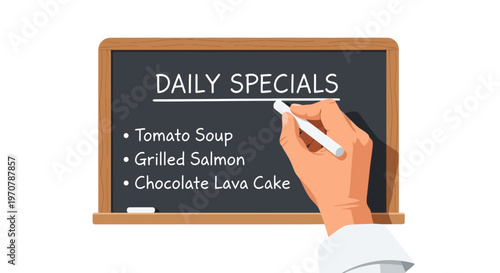 A Person Hand Writing Daily Specials Menu Items With White Chalk On A Dark Classroom Chalkboard For Restaurant Promotion And Food Service Marketing