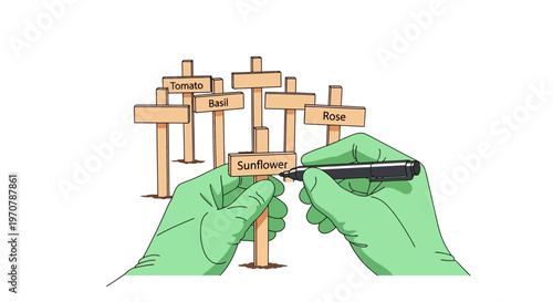 Hands wearing green gloves holding wooden garden stakes to label various plant types with a black marker pen during a spring planting activity