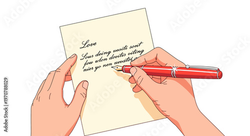 Person writing heartfelt letter with red pen, hand holding paper, cursive script, romantic gesture, sentimental expression, love note, affectionate message
