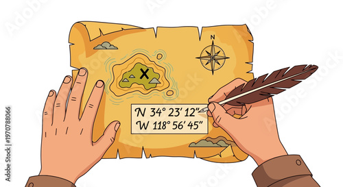 A cartoon-style illustration of two hands holding an ancient treasure map and writing with a feather quill pen on a parchment with geographic coordinates and a compass