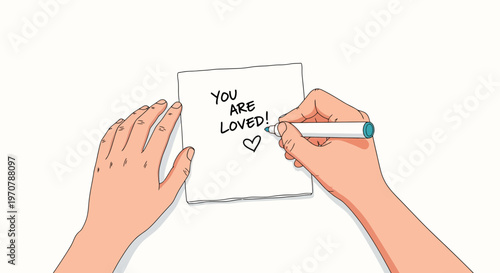 Hands holding a card and writing a loving message with a marker, cute cartoon style, heartwarming gesture, Valentine's Day, friendship, affection concept