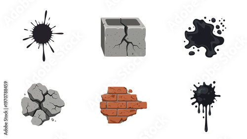 Vector set of grunge texture elements: ink splatters, cracked concrete block, broken bricks, and rocks. Damaged surface collection.