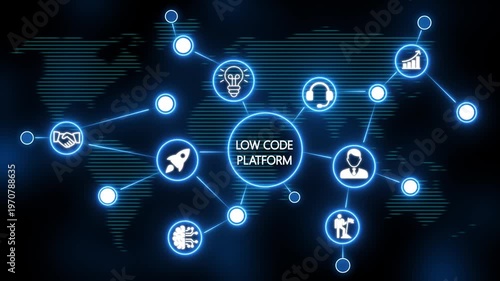 glowing neon line banner of LOW CODE platform concept with icons of business, responsibility, customers, integrity, goals, teamwork, commitment and innovation. video animation