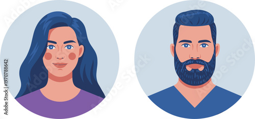 Male and female avatar portraits set with modern flat style faces in circular frames for profile and user interface design