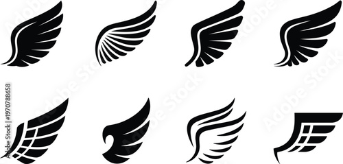 Stylized wing icons set with various feather shapes in bold black silhouette for logo tattoo and design elements