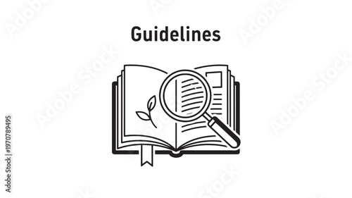 Guidelines Line Icon- Minimalist Vector Illustration of an Open Book, Leaf, and Magnifying Glass for Environmental Rules, Green Policy Research, Ecological Standards, and Sustainable Education