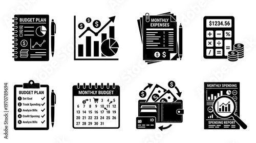Finance Icons Vector – Budget Notebook, Growth Analysis, Monthly Expenses, Calculator with Coins, Budget Checklist, Monthly Calendar, Wallet Transactions, Spending Report Graphic
