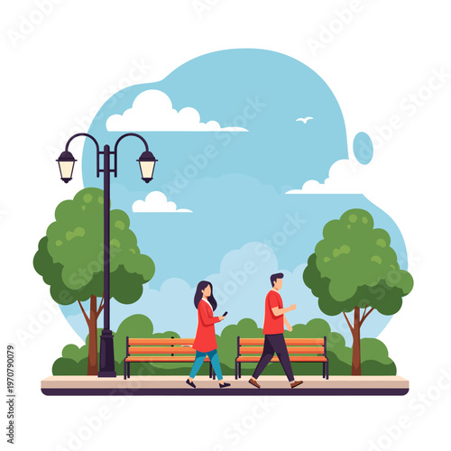 A man and a woman walk past park benches and trees, each engrossed in their smartphones.
