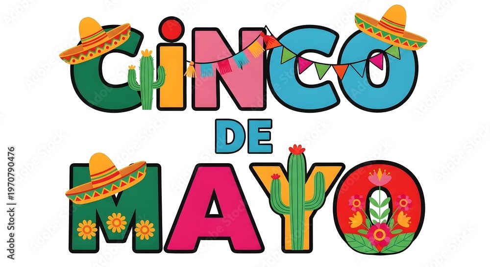 Naklejka premium Cinco de mayo festive text design with colorful letters, sombreros, cacti, and floral elements