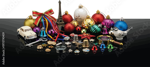Colorful Christmas Ornaments and Decorations on Black Table with Eiffel Tower