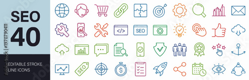 Versatile collection of 40 SEO linear icons with editable strokes, perfect for digital marketing, web optimization, and online strategy presentations and tools