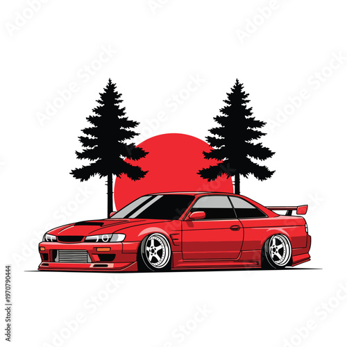 Stylized red sports car vector art, side view, against pine trees and a bold red sun