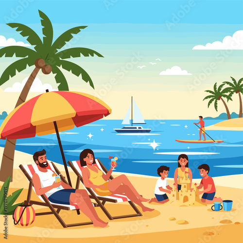 A happy family enjoys a sunny day at a tropical beach with palm trees, sandcastles, and ocean activities.