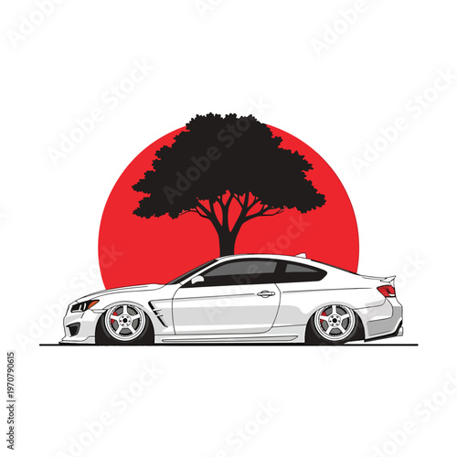 Vector Illustration of a Modern Tuned Sports Car Against a Stylized Sunset and Tree Background