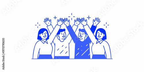 A group of people celebrating with raised hands and joyful expressions