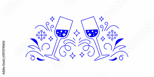 Two champagne glasses clinking in a celebratory blue line art design