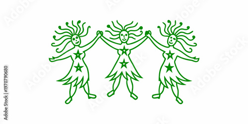 Three green figures with outstretched arms and star shaped bodies dance