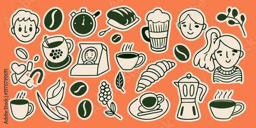 A colorful hand drawn illustration of coffee pastries and people