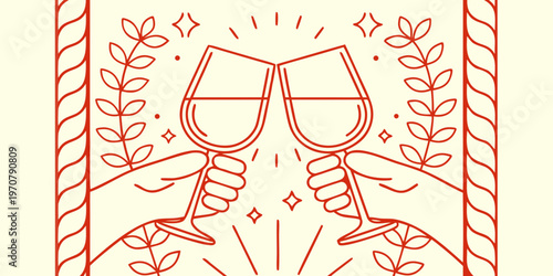 Two wine glasses clinking in a celebratory hand drawn illustration