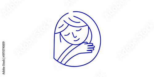 A simple line drawing depicts a woman embracing herself thoughtfully
