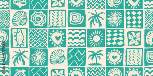 Geometric pattern featuring teal illustrations of marine life and tropical motifs