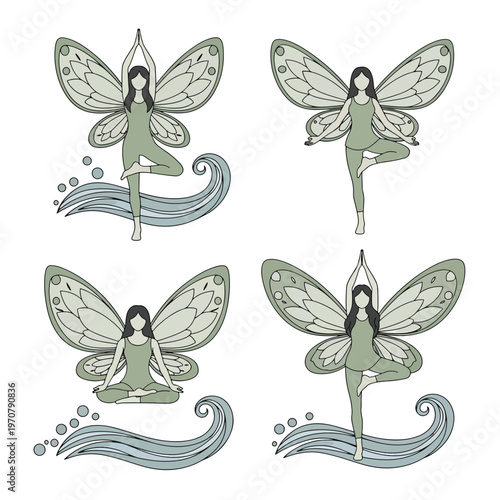 Vector Set of Mystical Figures with Wings Practicing Yoga Poses Amidst Flowing Water Elements
