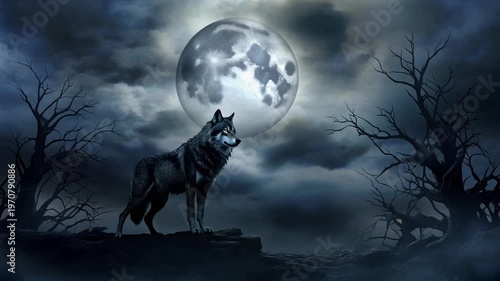 Grey wolf standing on a dark rocky outcrop at night, framed by leafless silhouetted trees against a backdrop of a large glowing full moon and dramatic cloudy sky in the wilderness.