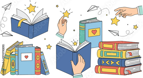 Hands Interacting with Colorful Books and Stars