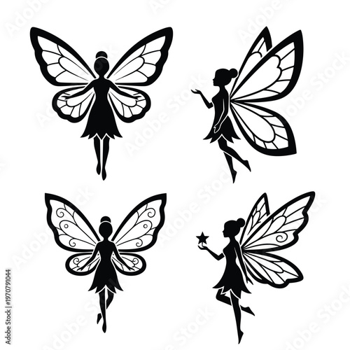 Elegant Black Fairy Silhouettes Collection: Enchanting Winged Sprites in Various Poses, Vector Graphic Art