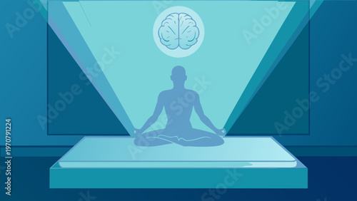 Person meditating in lotus position with brain above symbolizing mindfulness and mental clarity in a blue minimalist setting