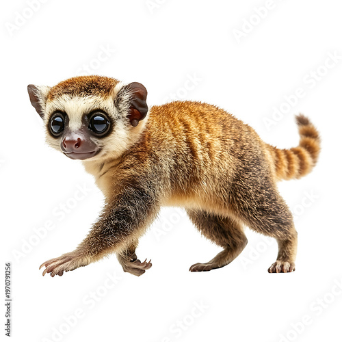 Extreme side view full body shot of Philippine slow loris walking isolated on a white background