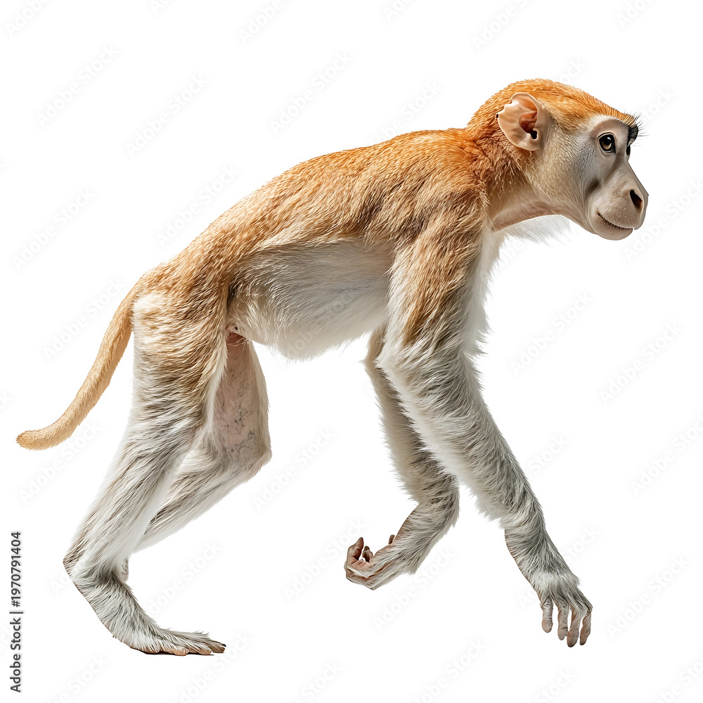 Fototapeta premium Extreme side view full body shot of proboscis monkey walking isolated on a white background