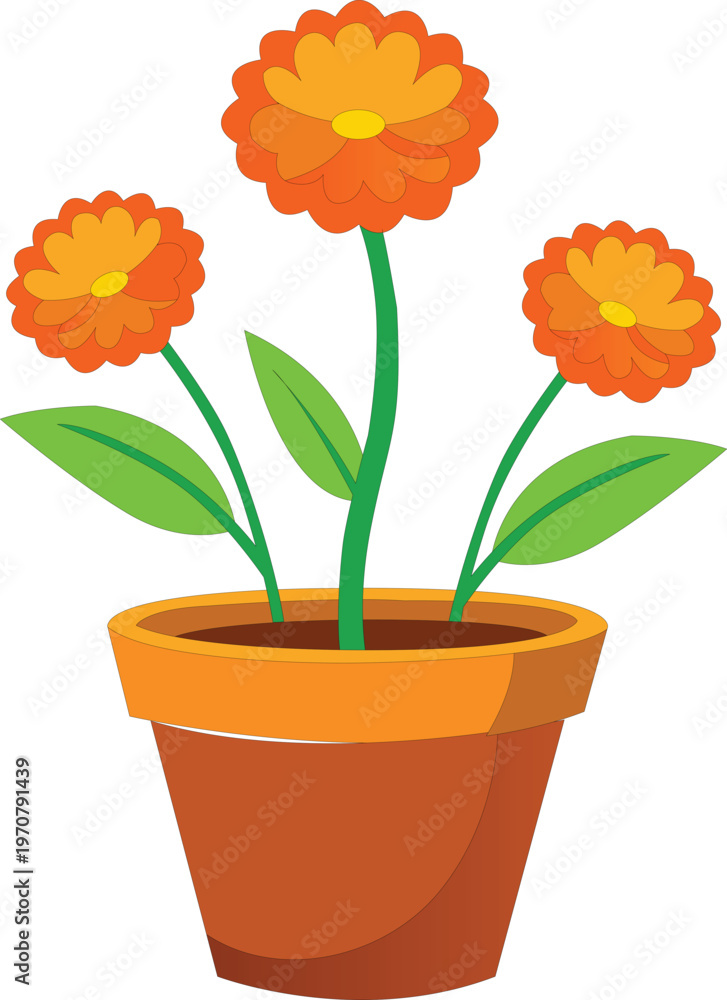 Fototapeta premium Cartoon orange flowers in a brown flower pot on white